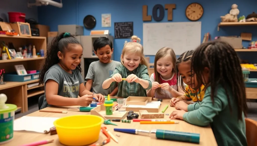 Generate an image of children building and creating in the Tinker Lab at the Adventure Science Center. Generate an image of children building and creating in the Tinker Lab at the Adventure Science Center.