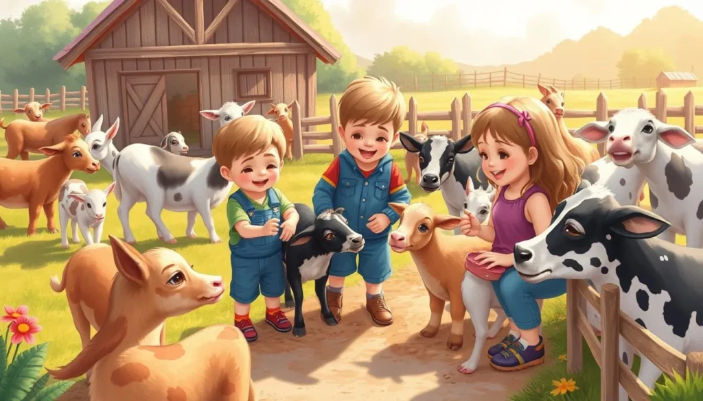 Generate an image of children feeding animals at Mother Farm.