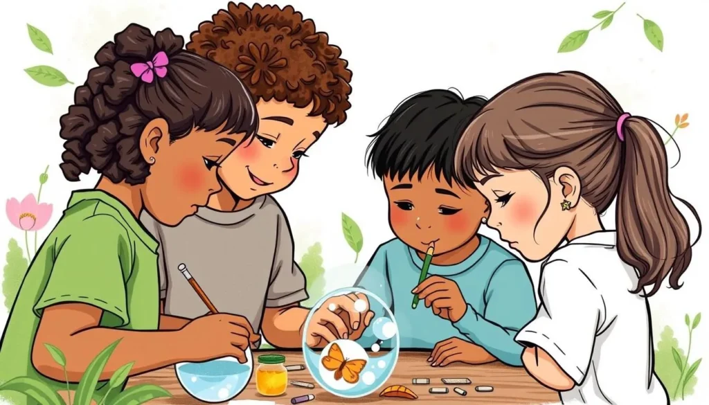 Generate an image of children participating in a STEM activity at the Leslie Science and Nature Center. Generate an image of children participating in a STEM activity at the Leslie Science and Nature Center.