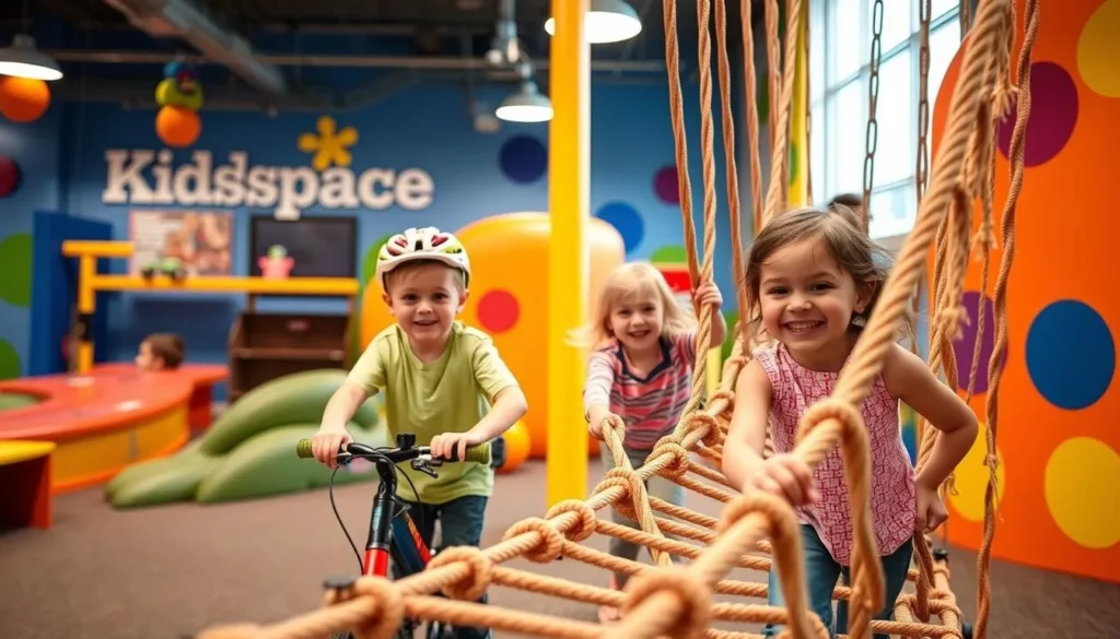 Generate an image of children playing at the Kidspace Children's Museum, with a focus on the Tike Tracks and rope bridge.
