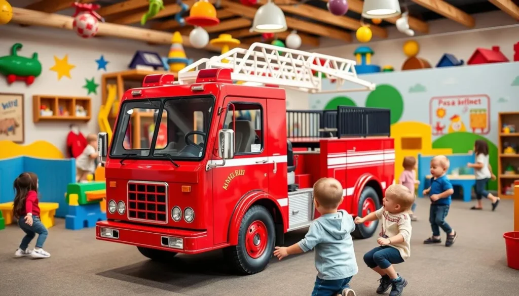 Generate an image of children playing at the Paso Robles Children's Museum, with a focus on the pretend play areas and firetruck.