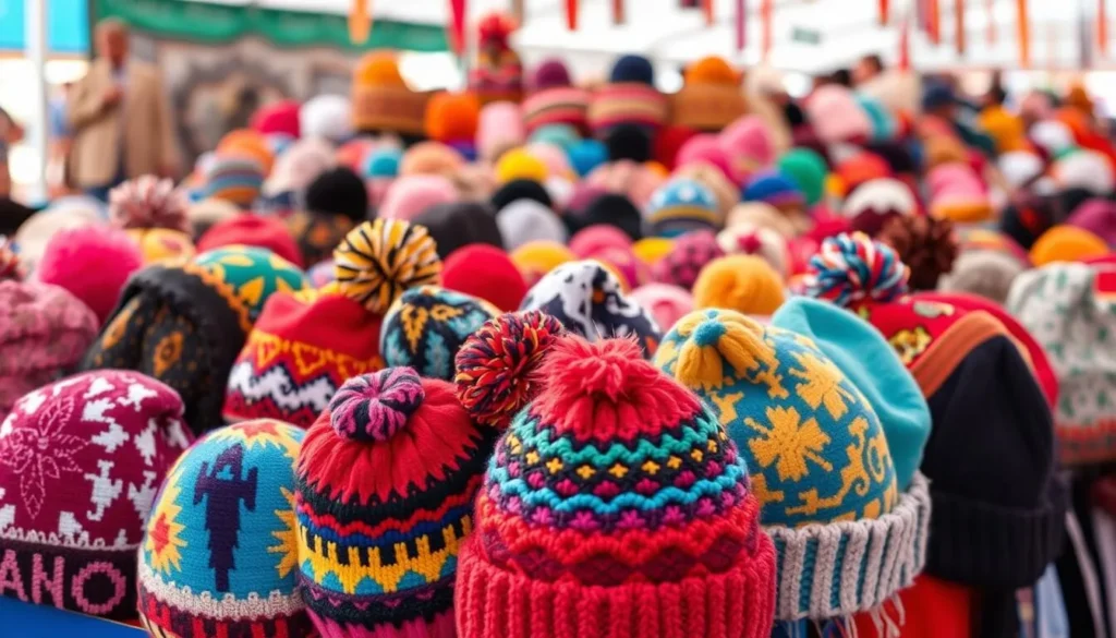Generate an image of colorful beanies on display at the Alice Springs Beanie Festival