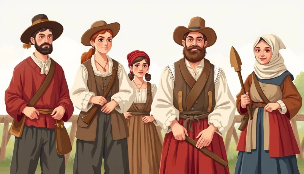 Generate an image of costumed interpreters demonstrating trades at the Jamestown Settlement.