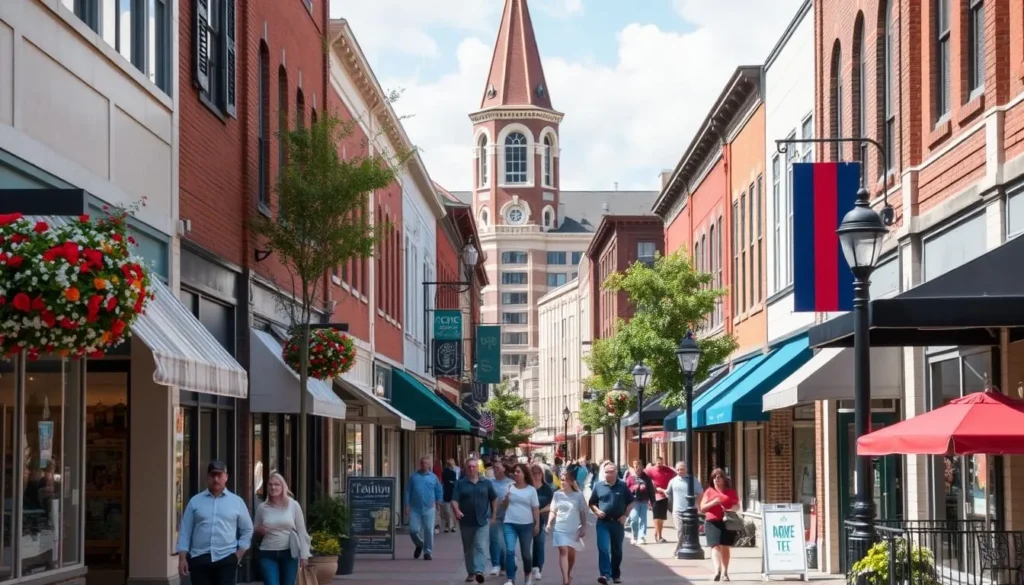 Generate an image of downtown Lafayette's vibrant shopping district.