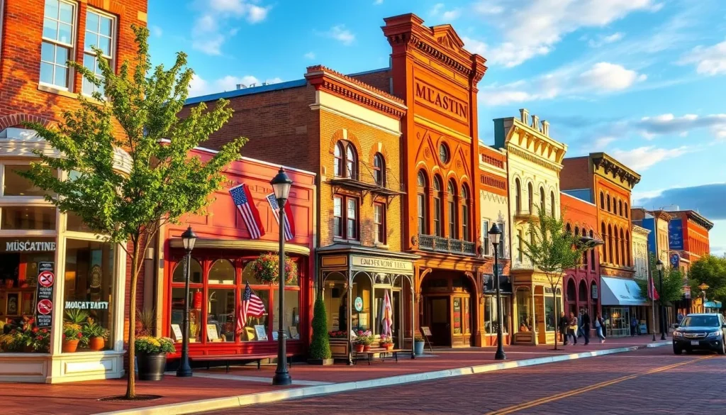 Generate an image of downtown Muscatine's historic district with its charming buildings and vibrant atmosphere.