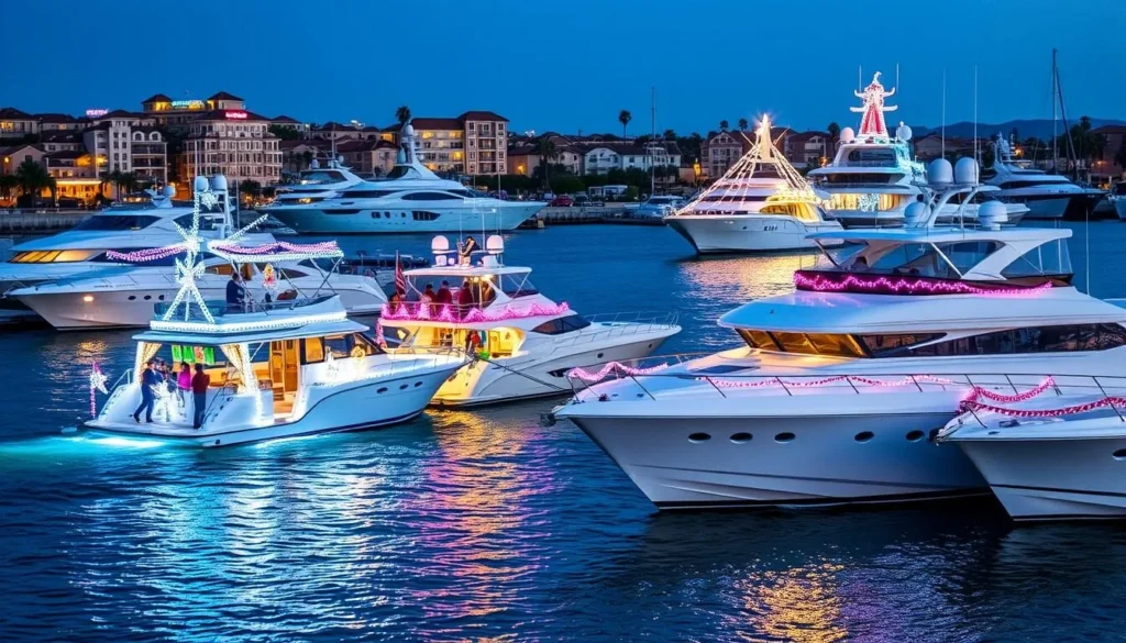 Generate an image of elaborately decorated boats and yachts in the Newport Beach harbor during the Christmas Boat Parade.