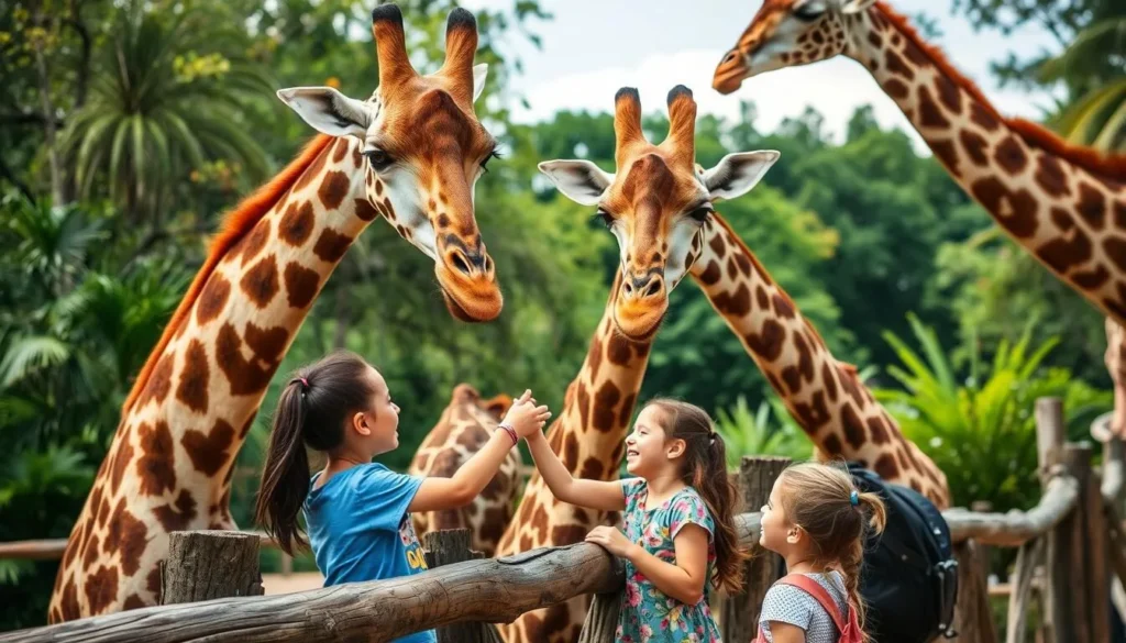 Generate an image of families feeding giraffes at Brevard Zoo.