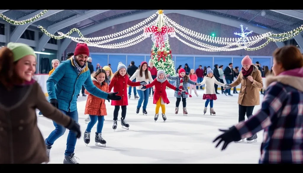 Generate an image of families ice skating at the Pasadena Ice Skating Center.