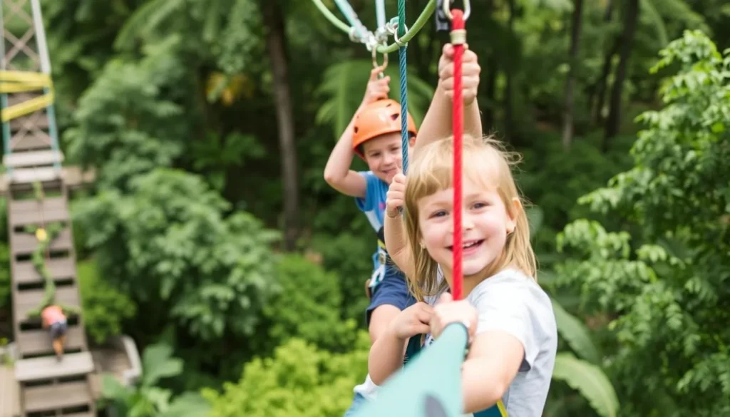 Generate an image of families navigating the zipline course at Cocoa Beach Aerial Adventures.
