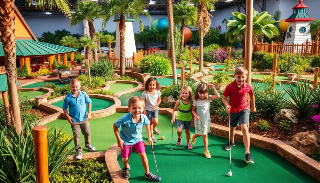 Generate an image of families playing mini-golf at Lighthouse Cove Adventure Golf.
