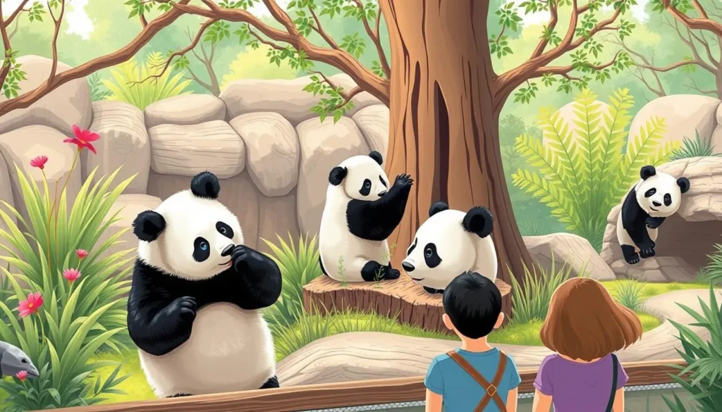 Generate an image of giant pandas at the Adelaide Zoo, with visitors observing them in a naturalistic enclosure.