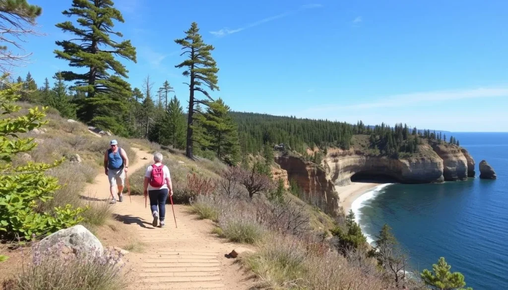 Generate an image of hikers on the Chapel Loop Trail with the stunning Pictured Rocks shoreline in the background.