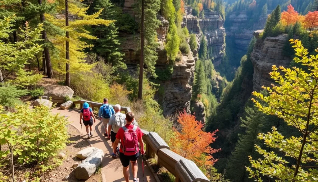 Generate an image of hikers on the Inner Sanctum Trail surrounded by the natural beauty of Ausable Chasm.
