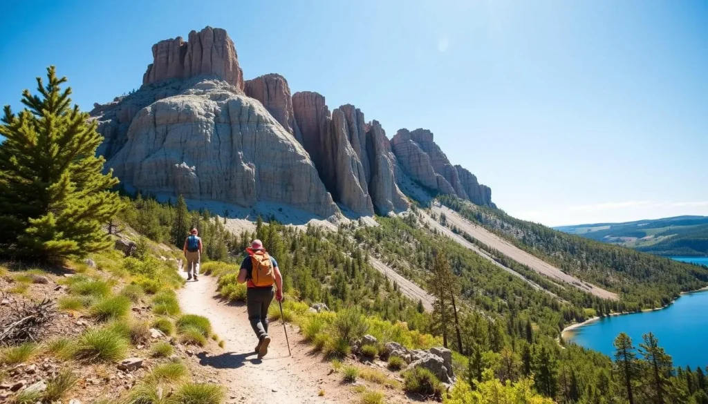 Generate an image of hikers on the trails of Devil's Lake State Park, with the quartzite bluffs in the background.