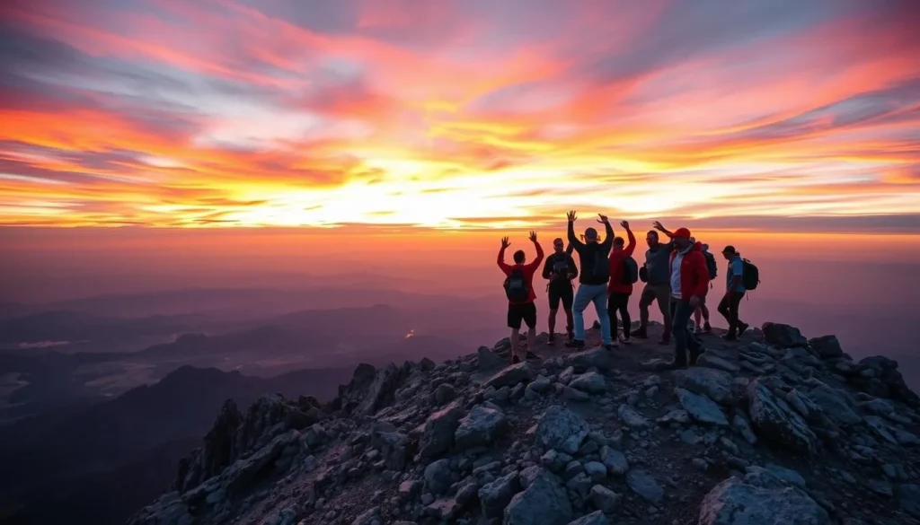 Generate an image of hikers reaching the summit of Guadalupe Peak at sunrise.