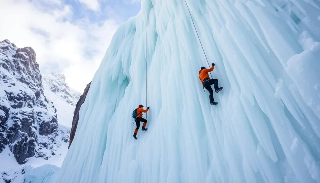 Generate an image of ice climbers ascending a frozen wall at the Ouray Ice Park