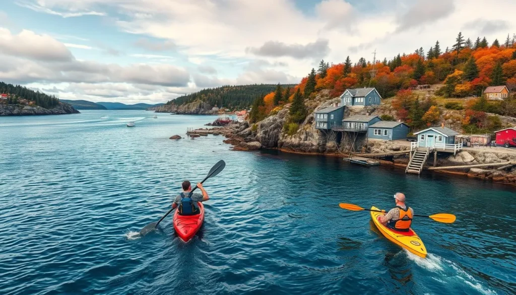 Generate an image of kayakers paddling through Coecles Harbor, highlighting the natural beauty and wildlife of the area.