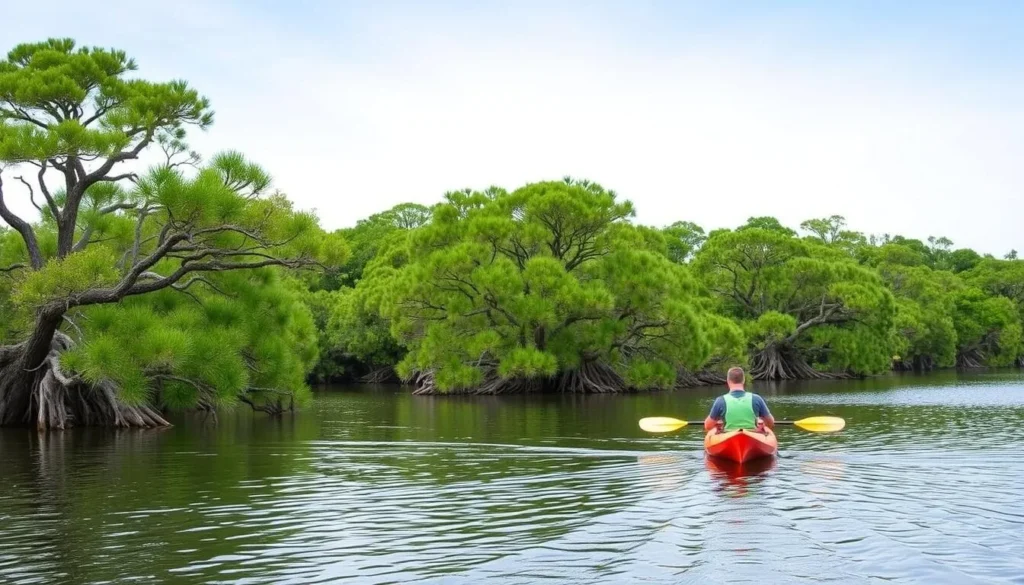 Generate an image of kayakers paddling through the baldcypress trees at Trap Pond State Park.