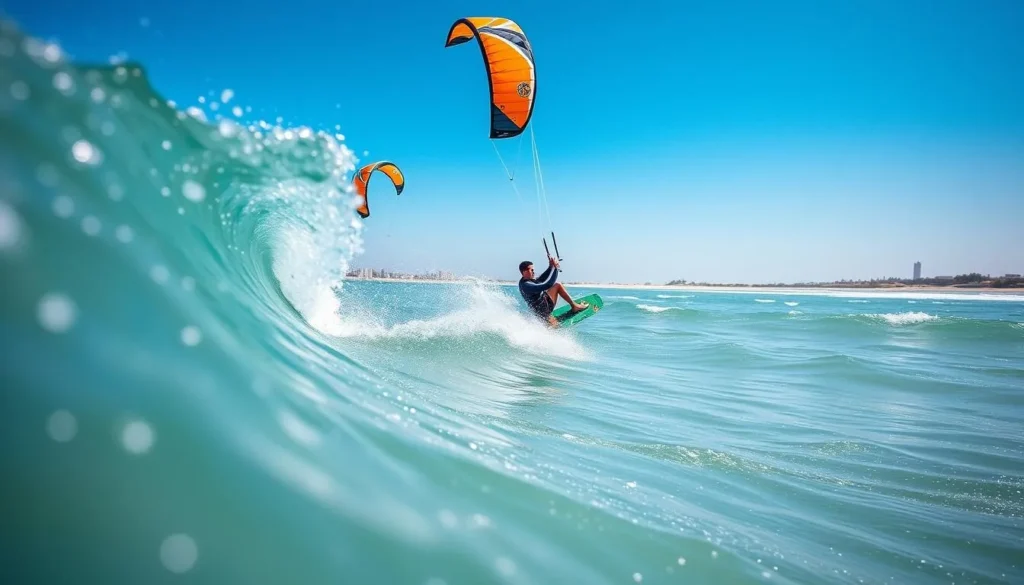 Generate an image of kitesurfers in action at Sealine Beach, Qatar.