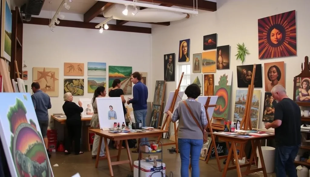 Generate an image of local artists working in their studios at the Spanish Village Art Center.