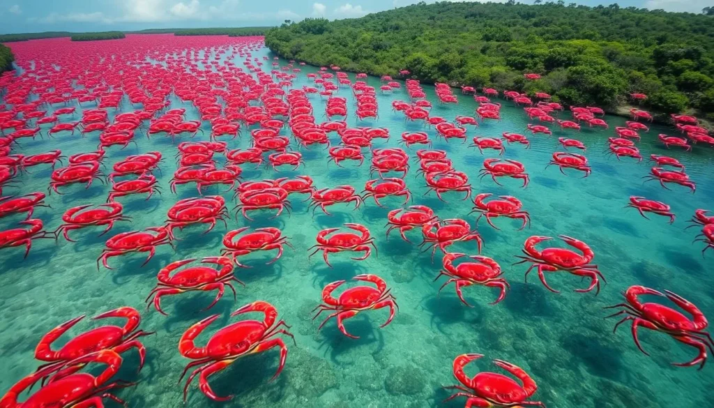 Generate an image of millions of red crabs migrating across Christmas Island