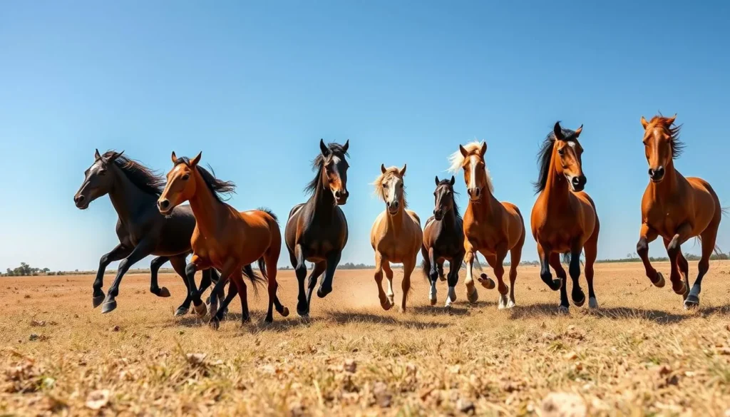 Generate an image of nine wild mustangs in mid-gallop, set against the backdrop of a sunny Texas day.