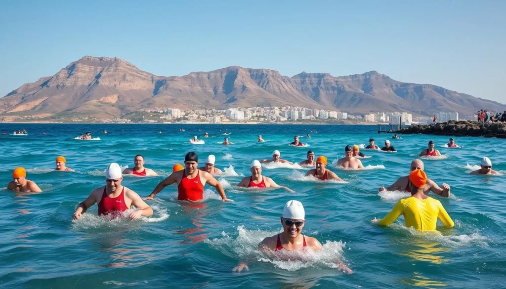 Generate an image of participants in the Polar Bear Swim at Catalan Bay, with Gibraltar's landscape in the background.