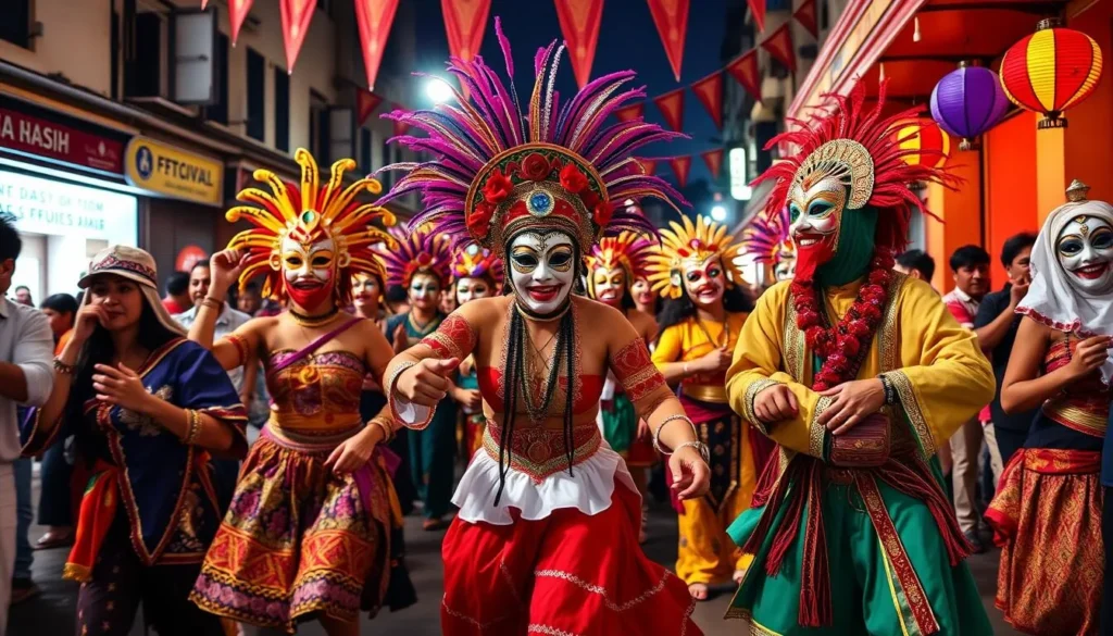 Generate an image of people dancing in the street during the Masskara Festival, wearing colorful masks and costumes.