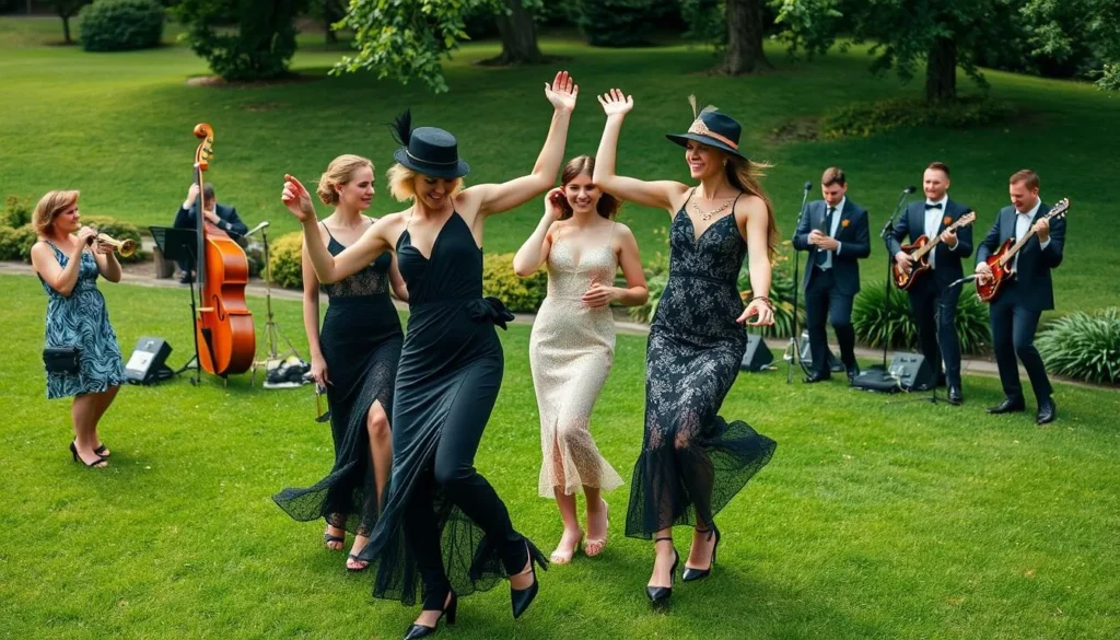 Generate an image of people dressed in 1920s attire dancing on a lush green lawn with a jazz band performing in the background.