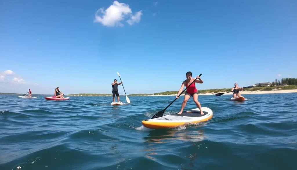 Generate an image of people enjoying water sports in The Hamptons, such as paddleboarding and kayaking.