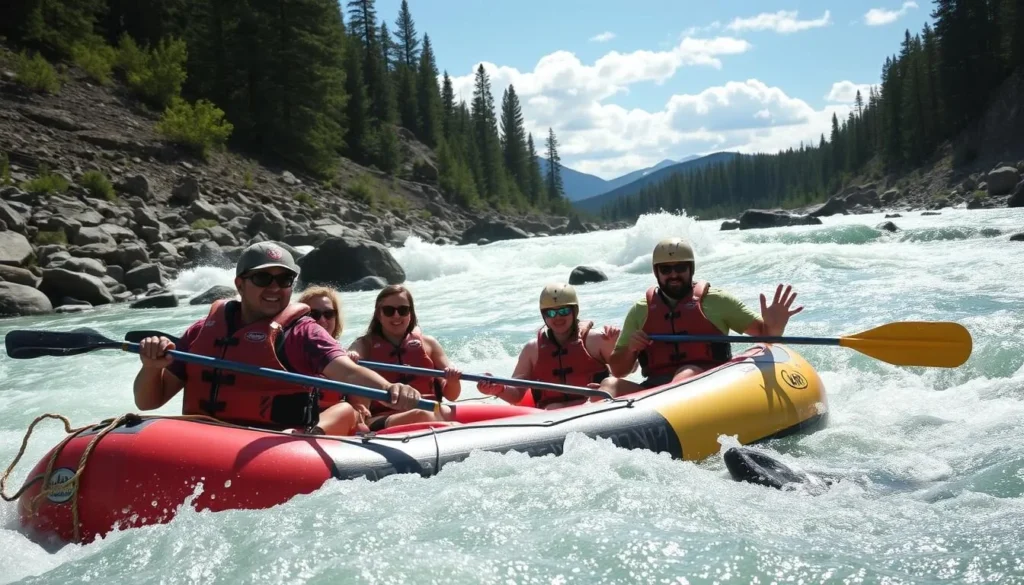 Generate an image of people enjoying whitewater rafting on the Spokane River.
