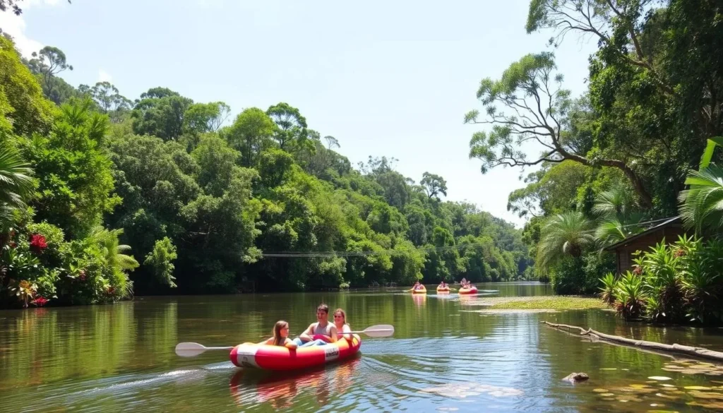 Generate an image of people floating down Eli Creek on Fraser Island, surrounded by lush vegetation.