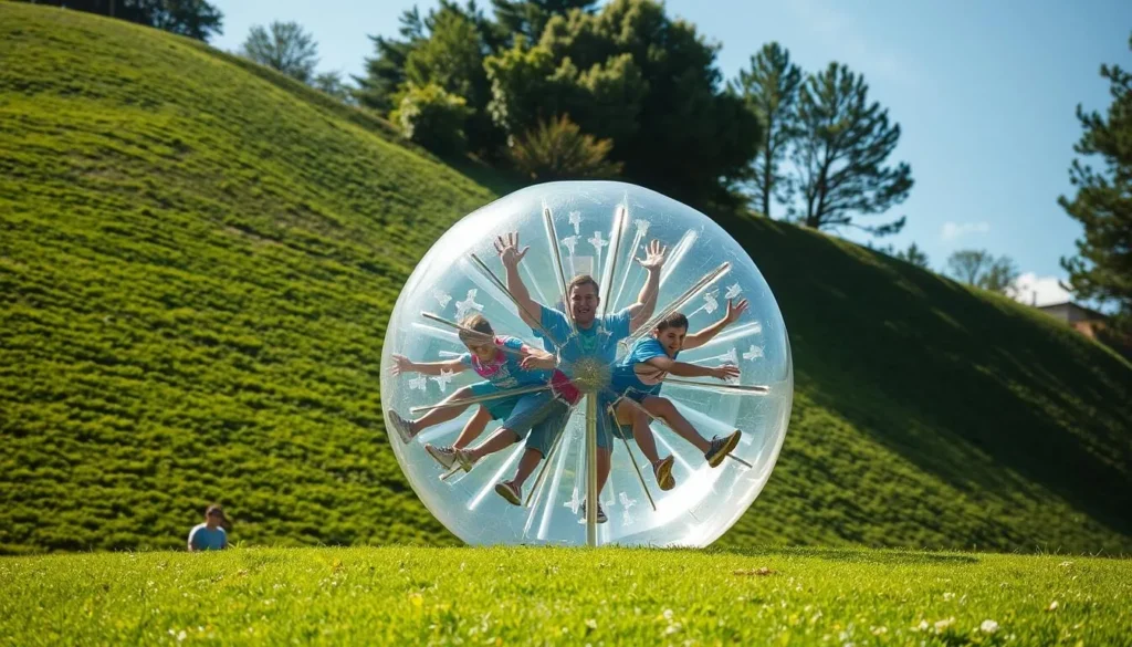 Generate an image of people inside a ZORB ball rolling down a hill.