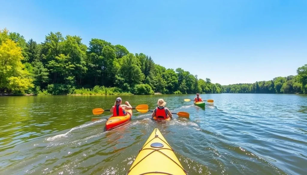 Generate an image of people kayaking on the Huron River. Generate an image of people kayaking on the Huron River.