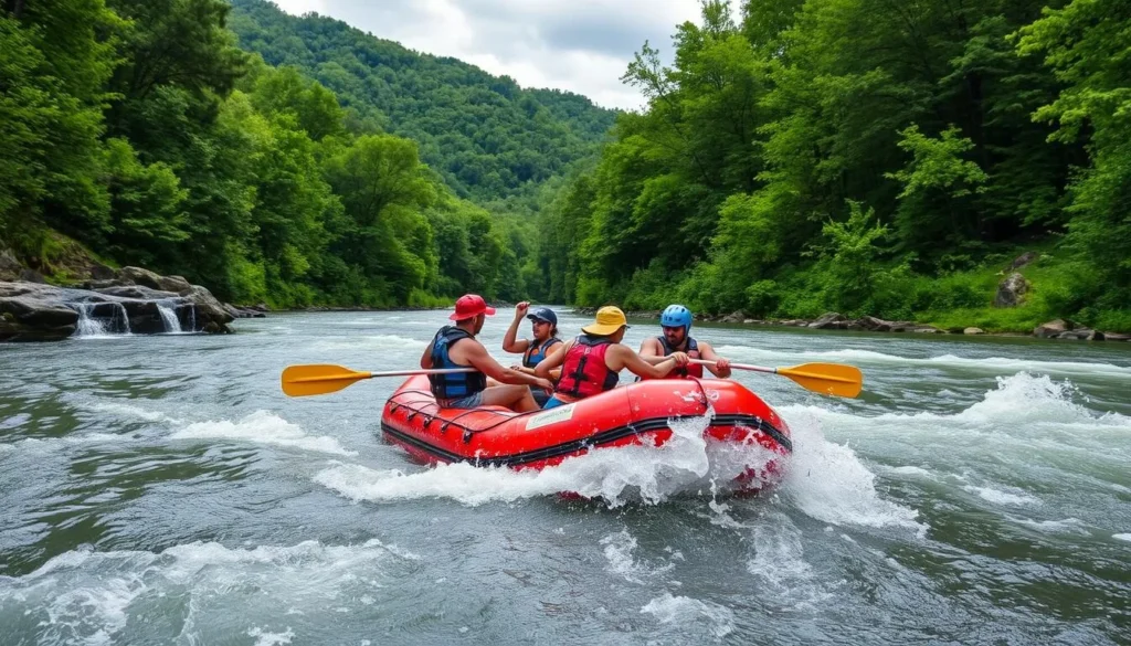 Generate an image of people rafting on the Youghiogheny River in Ohiopyle State Park.