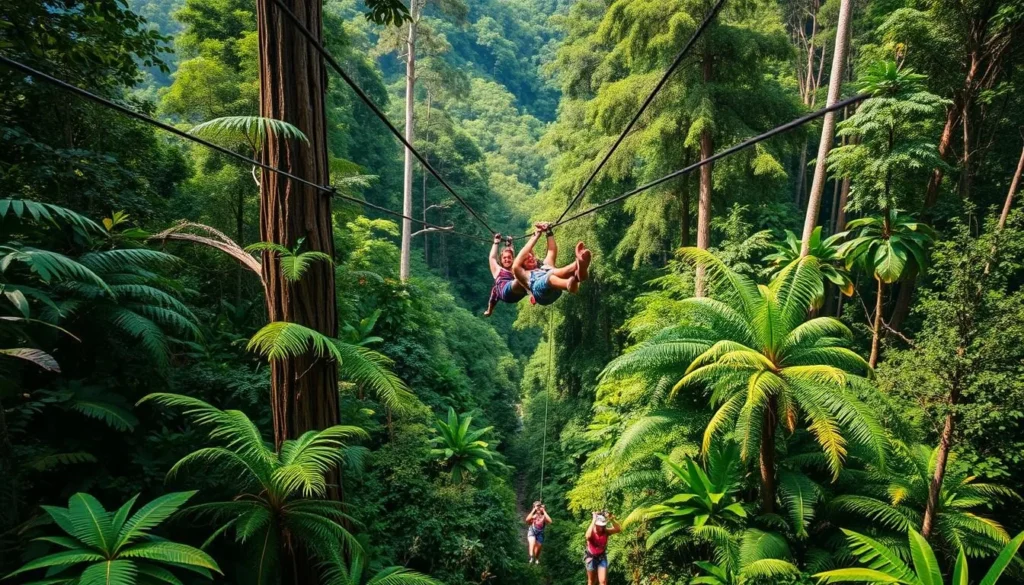 Generate an image of people ziplining through a lush rainforest.