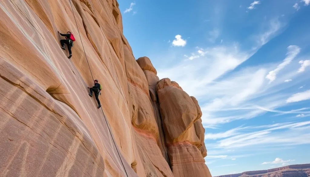 Generate an image of rock climbers scaling the rock bluffs in Giant City State Park.