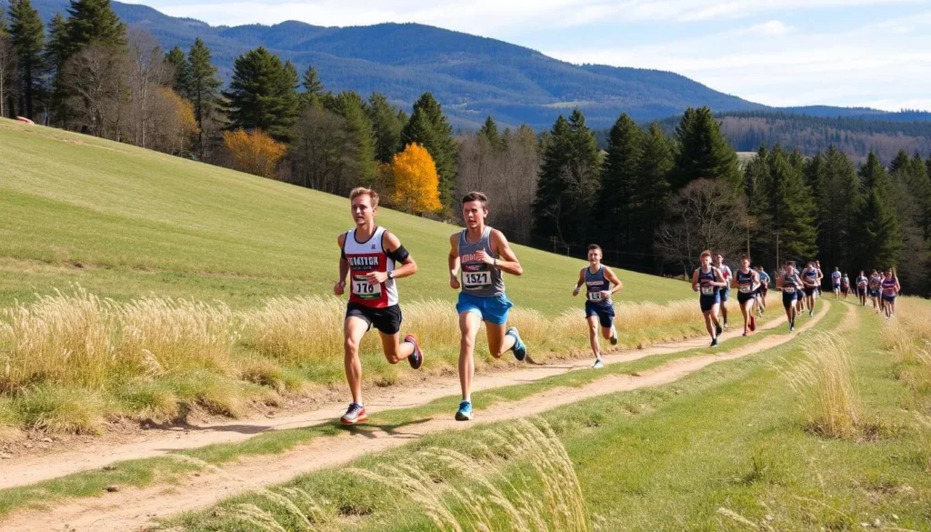 Generate an image of runners competing on the LaVern Gibson Cross Country Course, with a scenic backdrop. Generate an image of runners competing on the LaVern Gibson Cross Country Course, with a scenic backdrop.