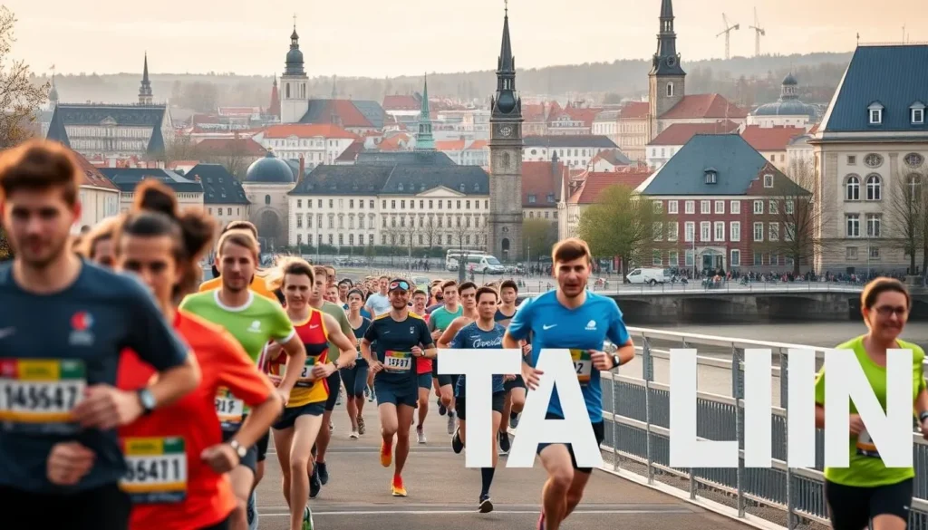 Generate an image of runners participating in the Tallinn Marathon, with the city's landmarks in the background.
