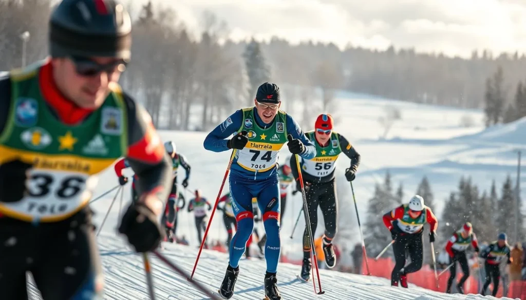 Generate an image of skiers in action at the Tartu Marathon, highlighting the challenging 63km classic track.