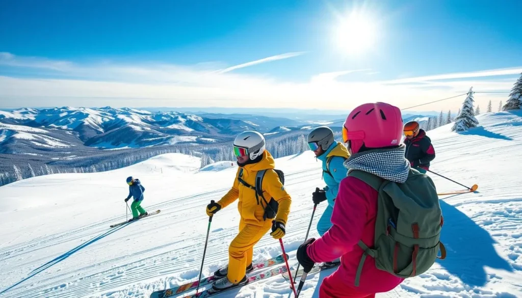 Generate an image of skiers on the slopes of Lutsen Mountains