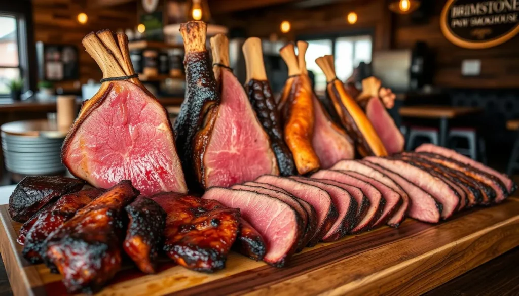 Generate an image of smoked meats at Brimstone PNW Smokehouse in Gig Harbor.