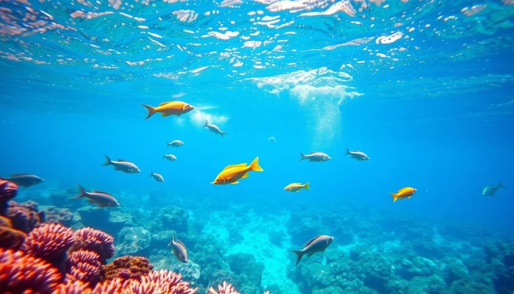 Generate an image of snorkeling in Oranjestad's clear waters, with marine life visible.