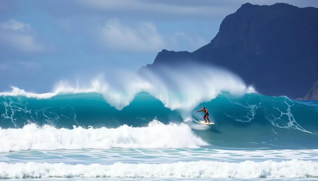 Generate an image of surfers riding the waves at Teahupoo