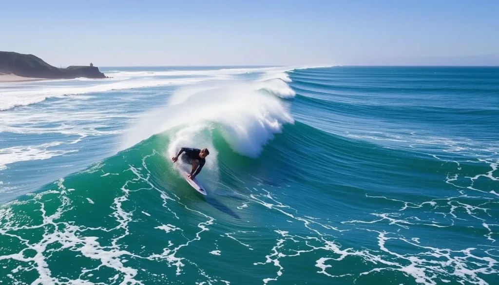 Generate an image of surfers riding waves at Côte des Basques in Biarritz, France.