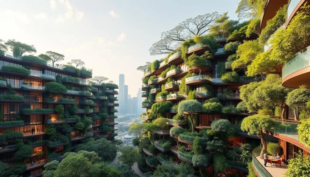 Generate an image of the 1000 Trees Complex in Shanghai, showcasing its unique architecture with trees and plants integrated into the building design.
