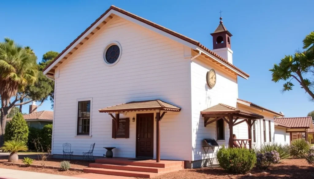 Generate an image of the 1883 Schoolhouse, the oldest building in Encinitas, with historical exhibits.