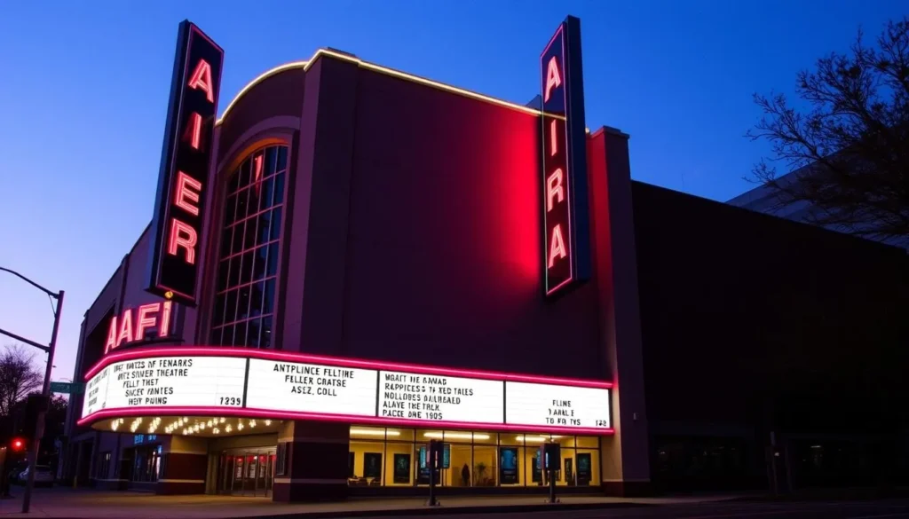 Generate an image of the AFI Silver Theatre's exterior, showcasing its modern architecture and vibrant signage.