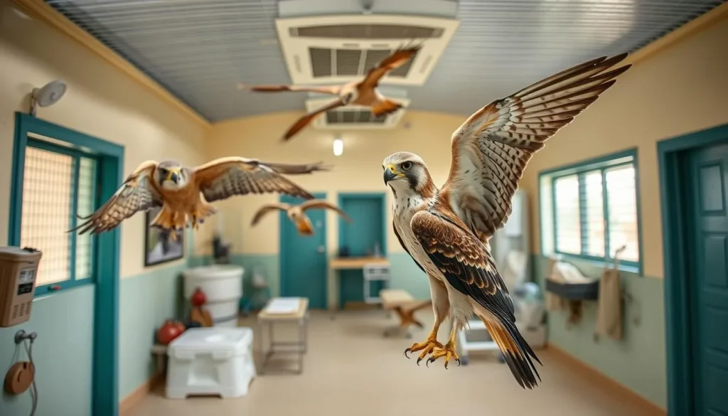 Generate an image of the Abu Dhabi Falcon Hospital's interior, showing the care and rehabilitation of falcons.