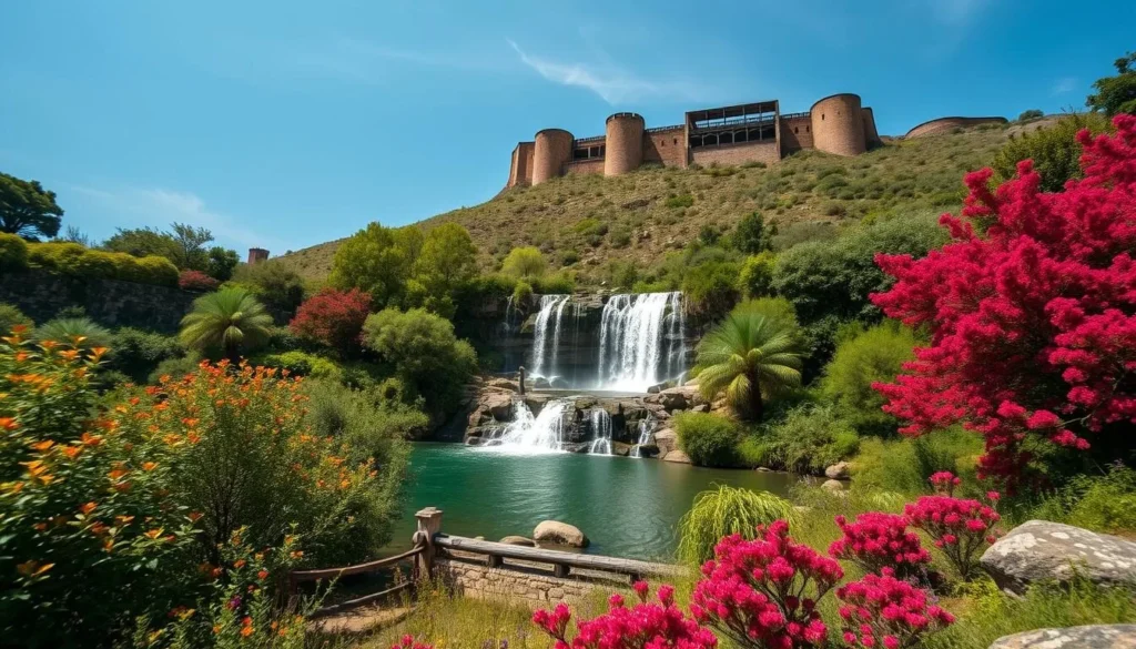Generate an image of the Adonis Baths and Waterfall surrounded by lush greenery. Generate an image of the Adonis Baths and Waterfall surrounded by lush greenery.